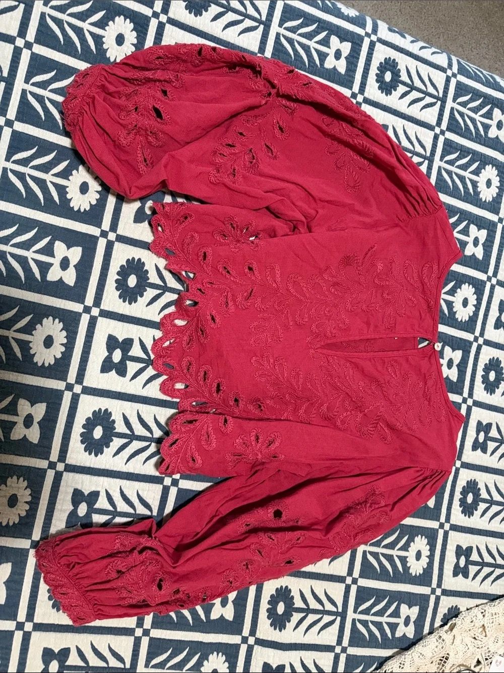 Free People Red Eyelet Crochet Peasant Blouse